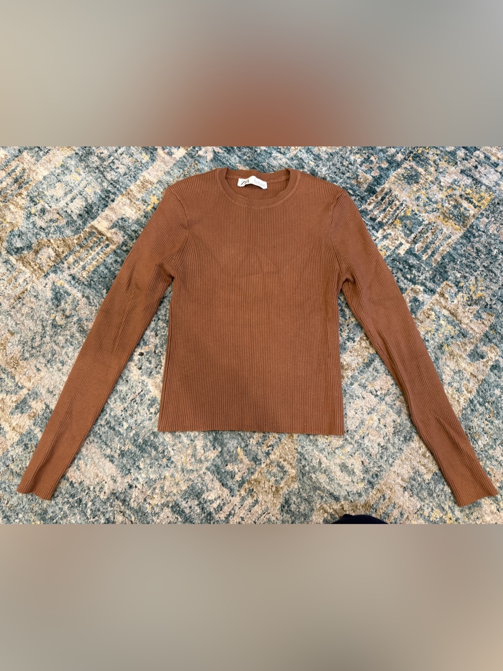 Zara Ribbed Long-Sleeve Crewneck Top - Brown